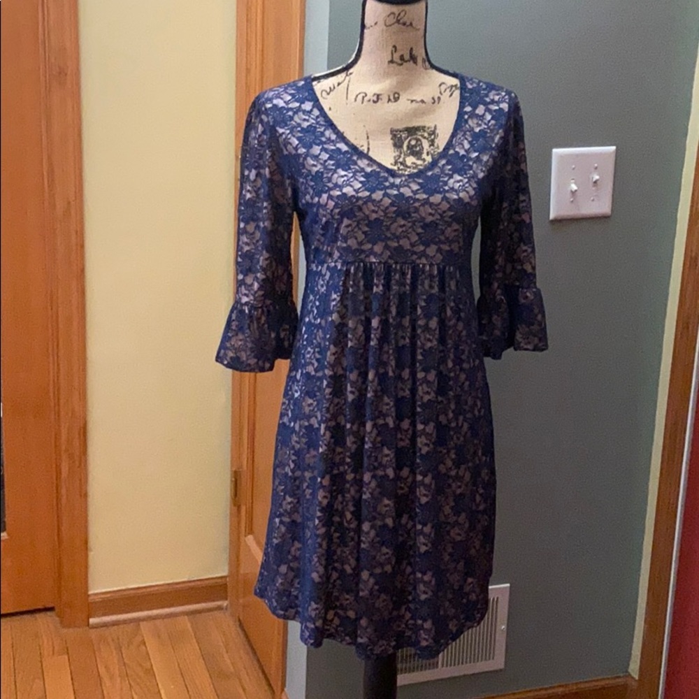 Pink satin blue lace A-Line dress